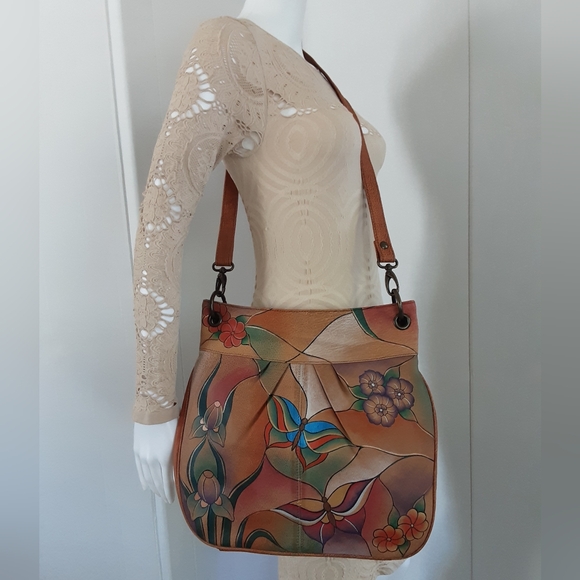 ANUSCHKA Anna Hand-Painted 100% Leather Hobo Butterfly Floral Crossbody Handbag - Picture 2 of 12